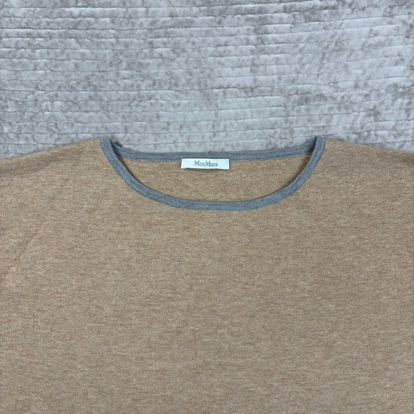 MaxMara Cashmere Wool Blend Crew Neck Sweater Tan Grey Trim Size S - Picture 4 of 9